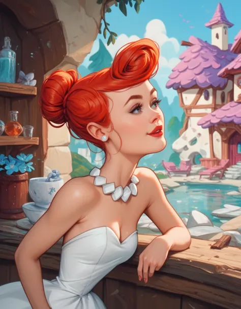 Wilma Flintstone, red hair, single hair bun, white dress, beautiful, sexy posing, The Flintstones background