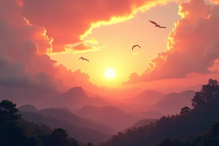 similar art but make it more asthetic and cinematic add clouds add birds sunset