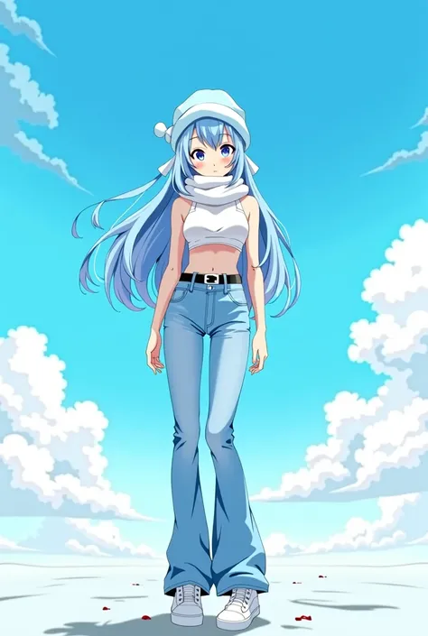 Anime Girl, Sky Blue Long Hair, White croptop, Long Light Blue Jeans, Black Belt, White Shoes, White Scarf, Light Blue Beanie. standing