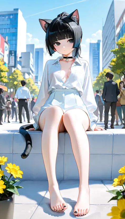 1girl, black eyes, Black Hair, blue Gradient Hair, blunt bangs, hume cut, ponytail, Cat ears and tail, small Breast, Choker, dress shirt, high-waist, bare legs, sitting, foot, toenails, nail polish, black nails, cat tails, cool face, masterpiece, best qual...