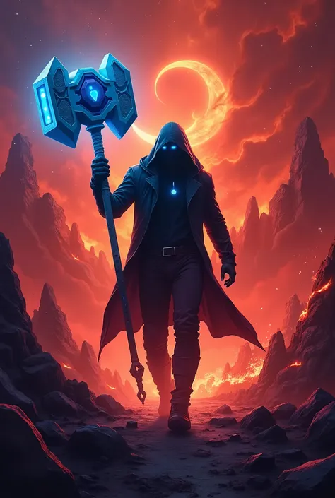 A man with a blue and stylish  hammer walking through a hell