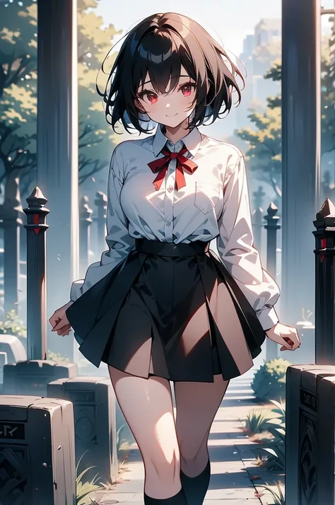 masterpiece, highest quality, highest quality, (no text), Beautiful and aesthetic:1.2),no text,anime、break,anime、break、 one woman、 dark-haired woman walking through a graveyard 　 short hair　 Slit Eyes Boyish 　　 beautiful eyes　Red and Black　red eyes, cool s...