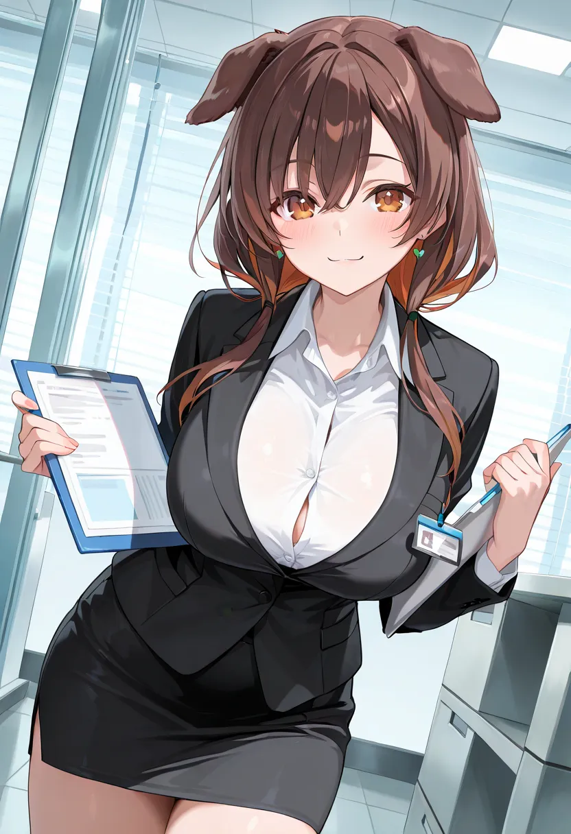 ( top quality , 8k , masterpiece , incredibly absurdres , beautiful woman , perfect body , super detailed skin , highly detailed eyes and face , 1 person ) , Inugami King , original hair color ,  brown hair ,  dog ear , smile ,  will be happy , (  office l...