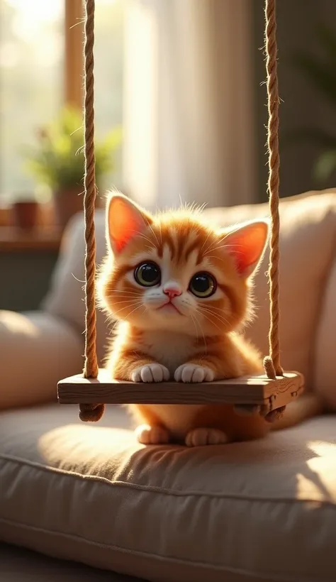 An image of a small and cute cat sitting on a swing on a sofa 