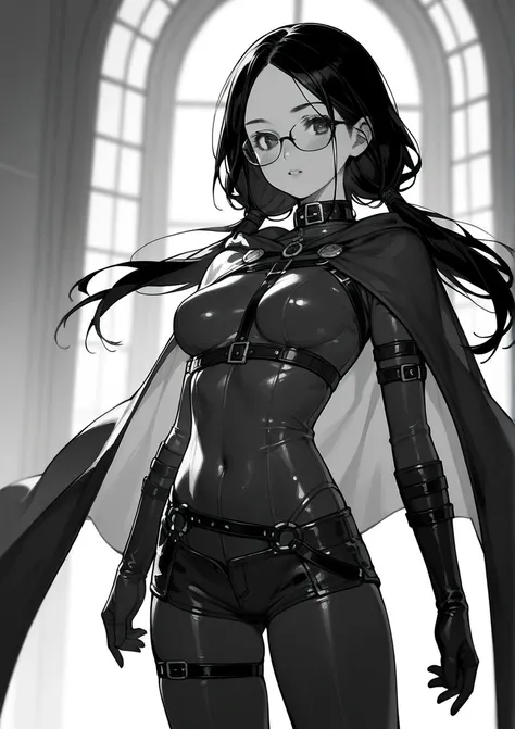 core_9,score_8_up,score_7_up,score_6_up, face, solo, (1girl), (long hair), glasses, medium breasts, (anime), forehead, pose, (two low tails), ((sexy)), black hair, (black tight suit), cape,  jewelry, medieval, collar, (mini shorts),monochrome, lineart, (ma...