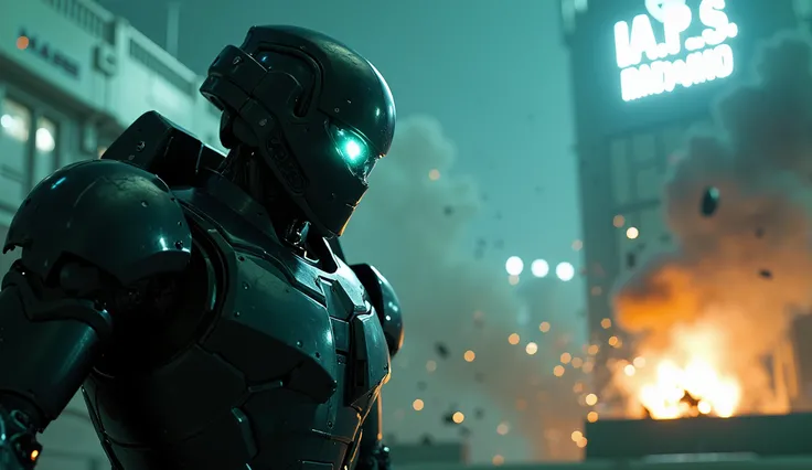 A close-up captures a **Robo-Cop guard** atop the **H.A.P.S. walls** as a fiery **missile explosion** erupts nearby, sending the guard flying backward. The polished black armor glints faintly under the **cyan floodlights,** while the glowing **visor implan...