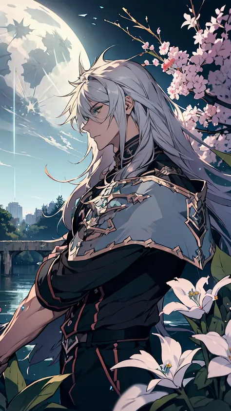 Siegfried,Fate,1young man, male photo,solo,(portrait),gray long hair,green eyes,beautiful flowers,moonlight,high quality, Best quality, 8K, ultra detailed,masterpiece