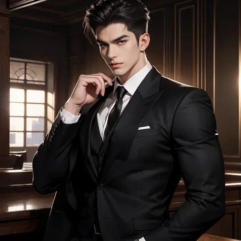 masterpiece, top elite quality, ultra perfection detailed, 1 mature male, 30-ish, (wide shoulder), (muscular), male focus, solo, attractively hot handsome, office background, photography of a hot mafia villain with fully clothed is elegant dark attire, man...