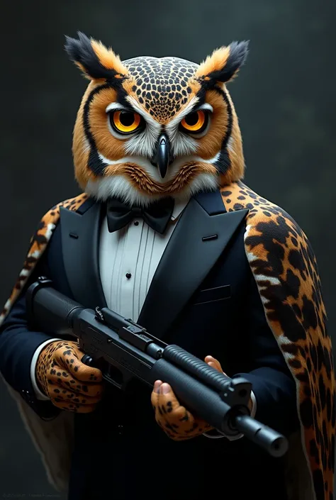 A picture of an owl in the shape of James Bond with a gun