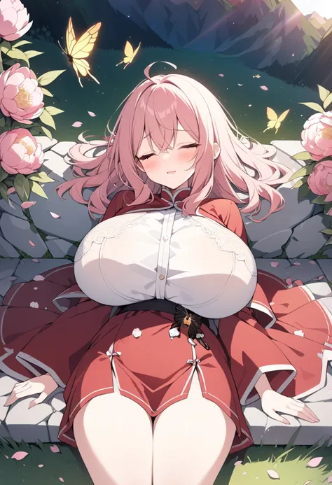 (((masterpiece))),((( top quality))),(( more details)),(illustration),((  high detail RA W color photo  {x}  big breasts negative prompt {x}  very delicate and beautiful)), 1 girl,Alone, sleep ,dream,peony,scentのよい,red, petals, butterfly,bee,Stone bench,Mo...