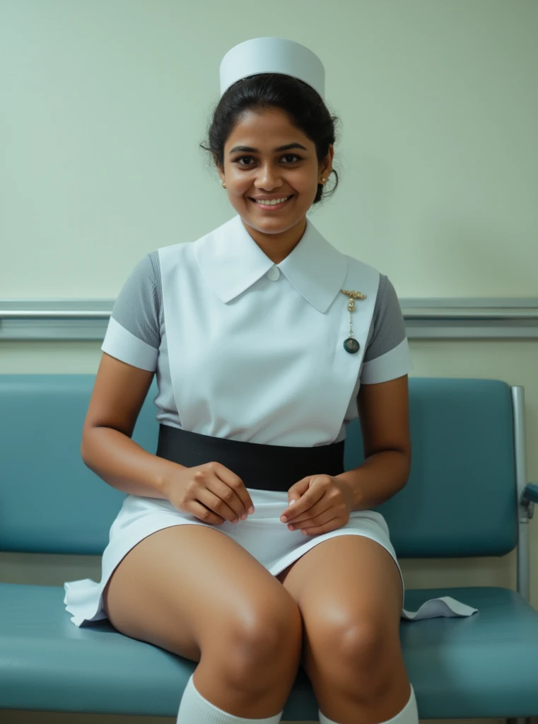 A photo of a 23-year-old Sri Lankan nurse, nurse cap, nurse uniform, white skirt above the knee, white short socks, white nurse shoes, beautiful thighs, classic bun short hair, black belt at the waist, medium breasts, cinematic lighting, smiling face,  Sit...