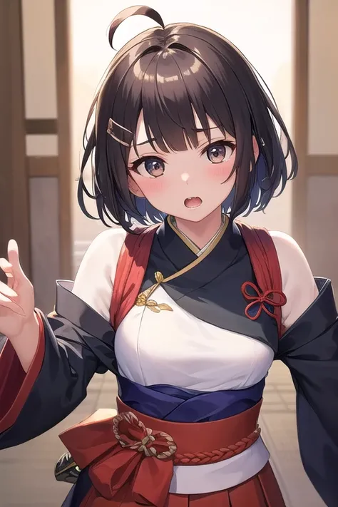 ((top quality)), ((masterpiece)), (Details),  1 girl。blunt bangs。Short Hair。 braids。ahoge。Cute hair clip。Sexy Breath。 you look very young。 small breasts。(( moving composition))。samurai。 Holding a Japanese Sword 。