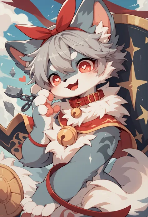   very detailed ,  very detailed , Gray hair,woman,Heart Eyes,participate,Red collar,  cute face,  furry fur ， with a big shield , girl ,