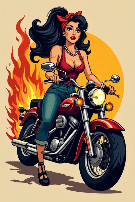 Create a brand logo for a restaurant called Vintage Grill with the design of a pinup with big dark hair and a headscarf on a motorcycle that has wheels with fire with images of a roasted chicken ,A steak on fire and a baguette snack