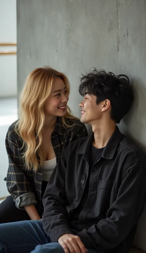 A photo closse-p smiling of romantis couple a yong korean man and girl idol dancer taking a break. She has vibrant blonde hair in a wavy long. She is wearing a men's black plaid flannel . She is sitting languidly against a concrete wall in a minimalist mod...