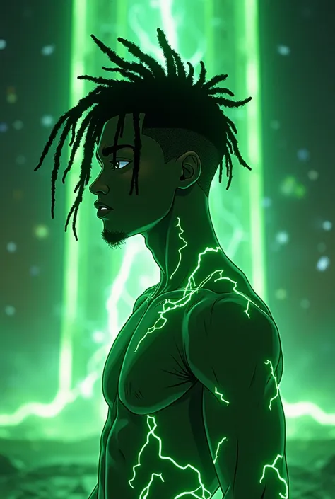 An technomage black man with dreadlocs making anime pose and glowing energy and game glitches in a scifi ambience at space. The power is green, electric and cover him like and aura. the man está saindo de um portal místico, misturando tecnologia e magia ar...