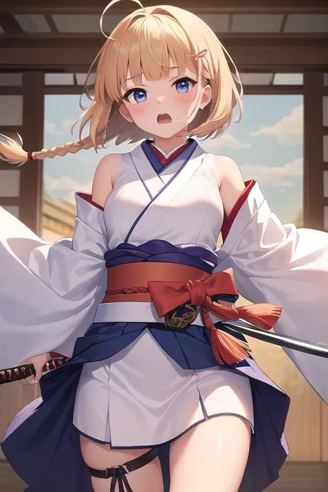 ((top quality)), ((masterpiece)), (Details),  1 girl。blunt bangs。Short Hair。 braids。ahoge。Cute hair clip。Sexy Breath。 you look very young。 small breasts。(( moving composition))。samurai。 Holding a Japanese Sword 。