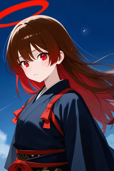 1 girl, Hair length reaches the back, Brown hair and red hair on the edges of the hair, red eyes, but not bright, wear a samurai outfit, หน้าอกไซส์ปานกลาง, have a red halo