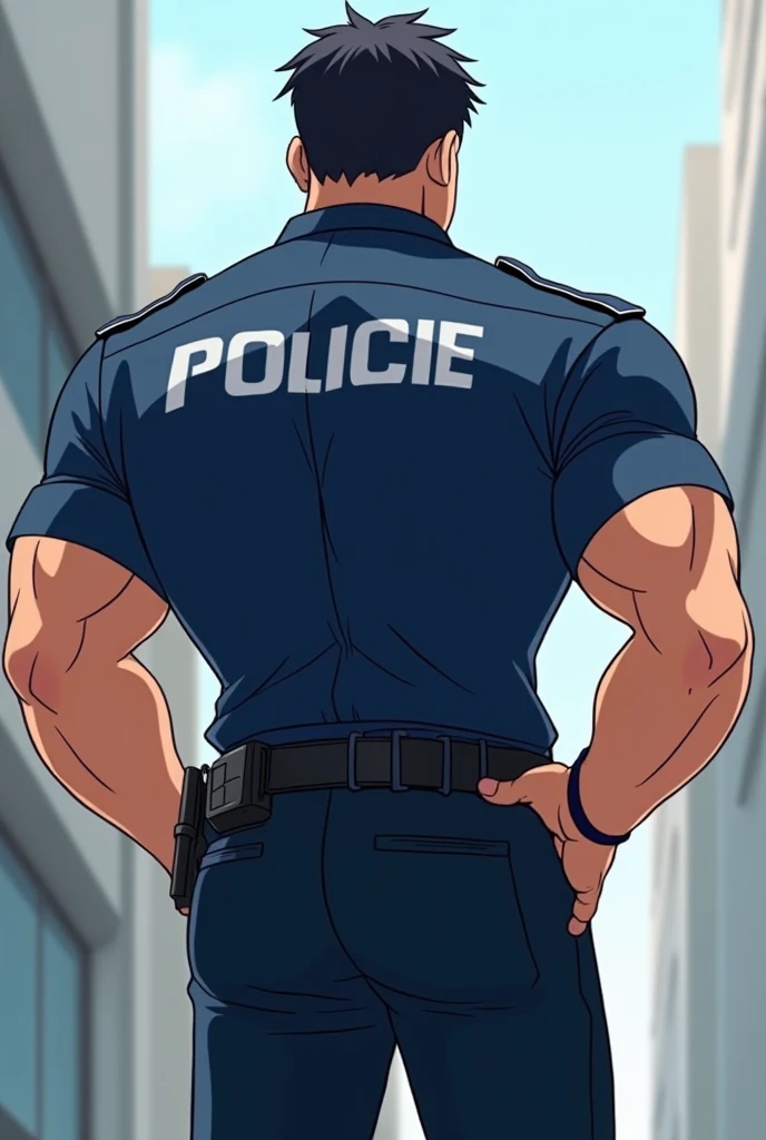 Un policier musclé dessiné dans un style anime japonais, vu de dos, portant un uniforme ajusté de la police (chemise à manches courtes ou manches retroussées, pantalon foncé bien taillé, ceinture avec menottes). Il a une carrure imposante, des épaules larg...