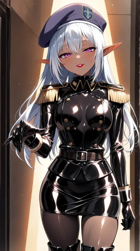 Young beautiful dark elf woman,(masterpiece, top quality, very detailed depiction, Incredibly Absurd High Resolution ,Curvaceous Body,High quality anime drawings),(female cavalry officer ,black latex military uniform with epaulettes, Tight Skirt, bodystock...