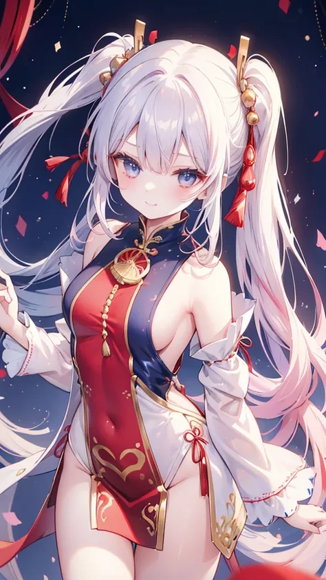 Silver Hair、Twin ponytails、red gradient hair 、Navy Blue Hair Accessories 、 gold hair accessories、 weird red and navy blue eyes、 Smile、长大了、 White Chinese Style Dress 、Red decoration、 Navy Blue Decorations 、 gold decoration 、Silver decoration、Shoulder Bare、C...