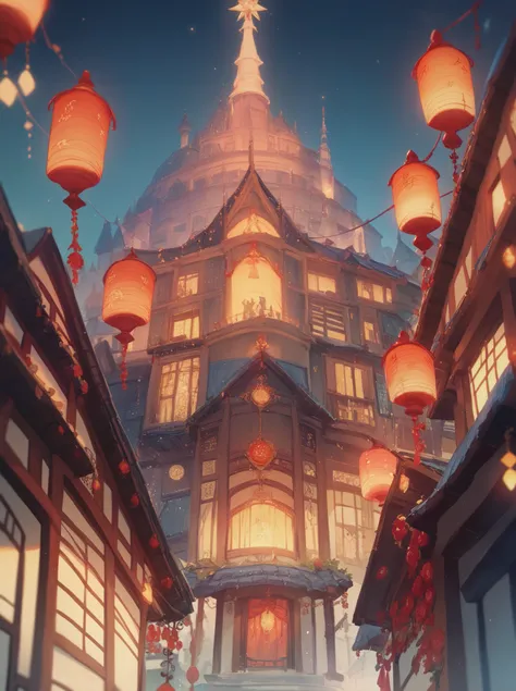 (( top quality)), ((masterpiece)), ( Familiar ), Lots of red lanterns、 night city、Wooden Building、firework、China、Golden ornament、