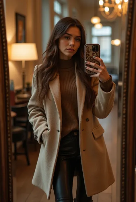 Mirror selfie woman with brown hair and coat with boots