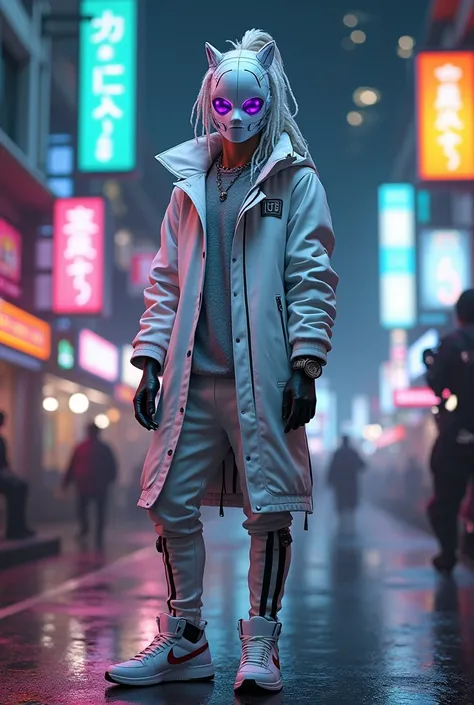 Cyberpunk, white cyborg,  nike shoes, face mask, purple eyes, mechanical dreads, rolex, thailand nightlife, coat, joggers