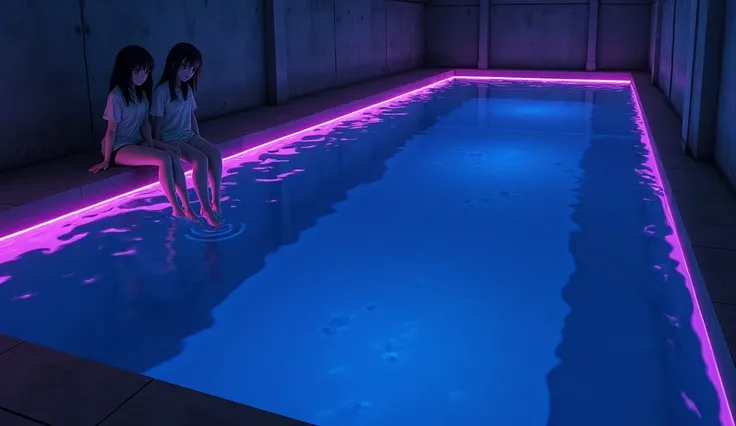 A realistic depiction of an indoor swimming pool embedded in the floor of a dark room, illuminated by dark purple neon lights along the edges between the ceiling and side walls. The pool water is a deep blue color, and the bottom and sides of the pool are ...