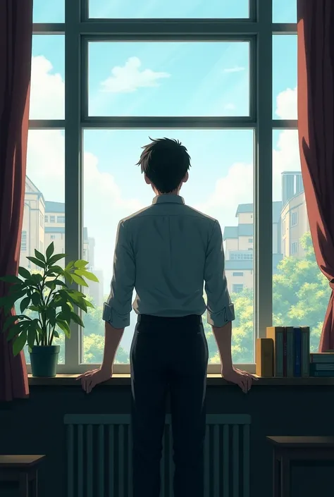 Male student standing facing back looking out the window