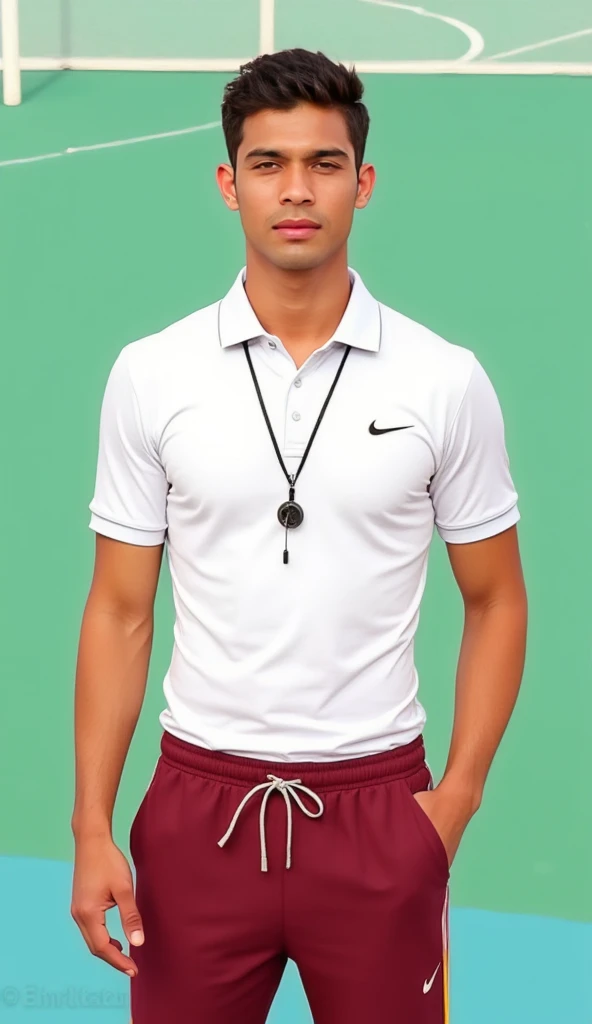 Create an illustration for the cover of a short film featuring a handsome young Indonesian man who is a gym teacher. He looks directly into the camera with a confident expression. He is wearing a form-fitting athletic outfit that shows off his body shape, ...