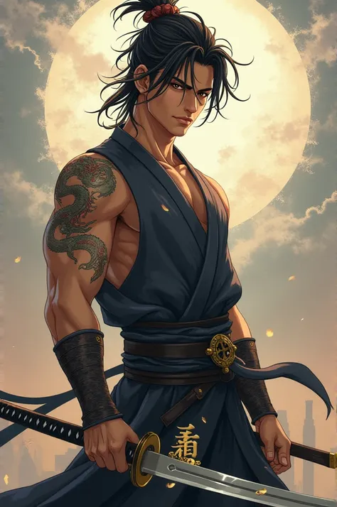 A young, formidable swordfighter standing tall with a strong, confident aura. His dark, slightly tousled hair flows with a wild elegance, swept back as if caught in the wind, with a few strands framing his intense, determined face. His eyes, sharp and focu...