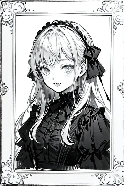 Bumper 1 ,woman, sharp fangs, wink, no background,Precision, high definition,masterpiece, gothic dress, portrait,Picture Frame,Rin々Shii,Black and White,2D,