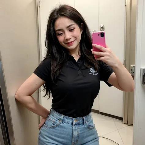 a woman in a tie dye shirt taking a selfie, long hair, breasts, smile, brown hair, holding, closed eyes, ass, pants, black shirt, phone, cellphone, holding phone, door, bathroom, fat