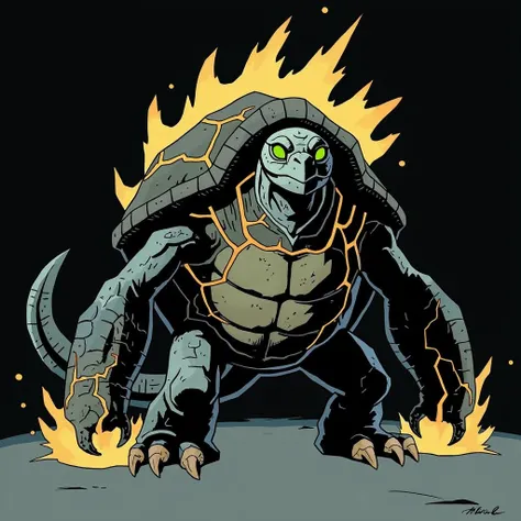 mike mignola style - animated, turtle-like creature with a rugged, rock-like shell. It has glowing yellow lines and highlights running through the shell, resembling lava or energy cracks. The creature has large limbs, and its feet end in sharp, claw-like d...