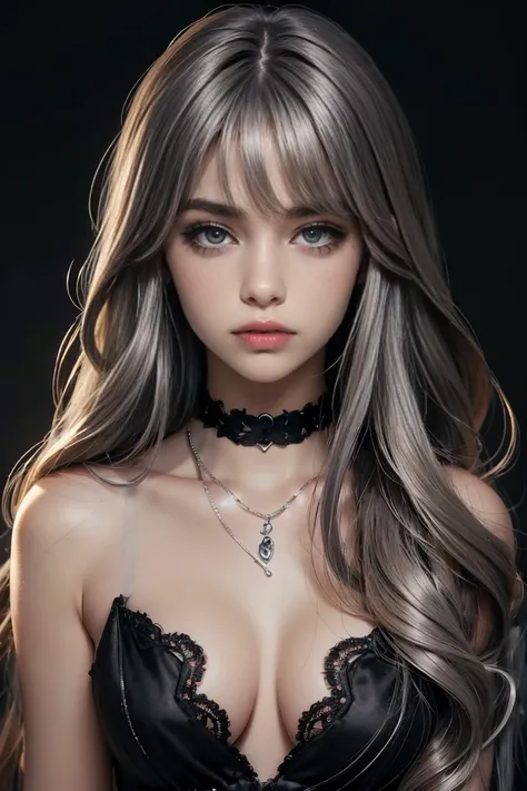 (look at viewer、upper body、from front:1.3)、( Hollow Eyes 、 Black Eye Line 、black eyeshadow、blunt bangs、 straight long hair、 Silver Hair Color :1.7)、(Showcasing cleavage:1.3)、( luxury necklace、black silk high collar dress:1.2)、masterpiece、 top quality、 top ...