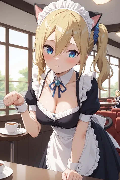 masterpiece,best quality,{{detailed beautiful face and eyes}}, very detailed background,
Ai Hayasaka,{{{megami magazine}}},long hair,blonde hair,{{left side ponytail:1.1}},blue scrunchie,hair scrunchie,hair between eyes,sidelocks,medium breasts,
((maid,cle...