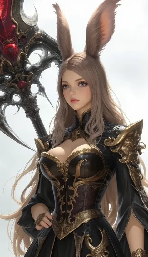 Final Fantasy Style , Takahashi Kazunari's masterpiece,   Depiction of a face expressed down to the smallest detail,  Detailed Eyes 、Detailed faces、Hair drawn down to the smallest detail 、Solo Female Viera  ,  black mage, beautiful , 32K,  enchantment, mas...