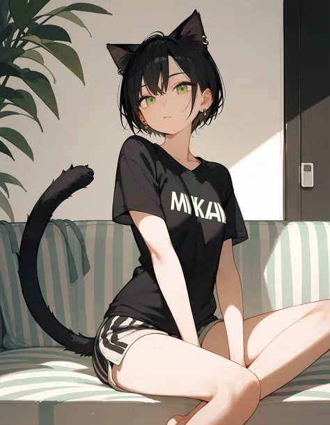 alone,short haired black cat ears girl, in green eyes , small breasts,Black yukata,Cat Ear Piercing , black hair,sit and play,funny, Black T-Shirt ,milf, Slim ,With black tail ,Lazy , shorts,Straighten the line