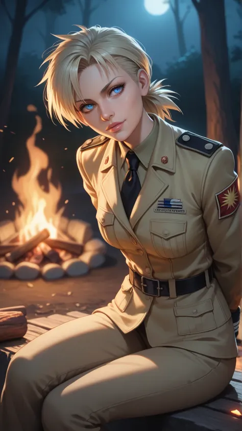 masterpiece, best quality, seras, seras victoria, hellsing, 1 girl, one, long sleeves, sitting, campfire, warm lighting, warm, horny, head tilt, looking away, arms at side, arms behind back, detailed face, detailed blue eyes, detailed face, blue eyes, with...