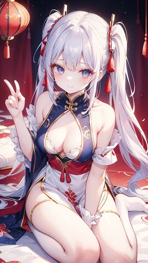 Silver Hair、Twin ponytails、red gradient hair 、Navy Blue Hair Accessories 、 gold hair accessories、 weird red and navy blue eyes、 Smile、长大了、 White Chinese Style Dress 、Red decoration、 Navy Blue Decorations 、 gold decoration 、Silver decoration、Shoulder Bare、C...