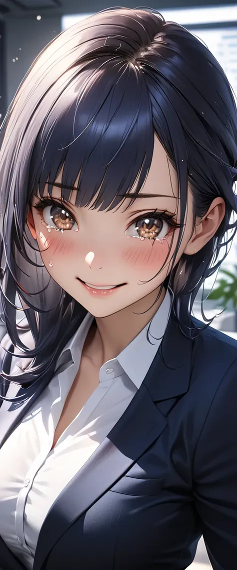 cute young business woman, solo, office lady, dark blue hair, brown eyes, asymmetrical bangs, beautiful detailed face, Ultra-detailed eyes, beautiful breasts, embarrassed smiling expression, (tearful:1.3), elegant office attire, cinematic lighting, office ...