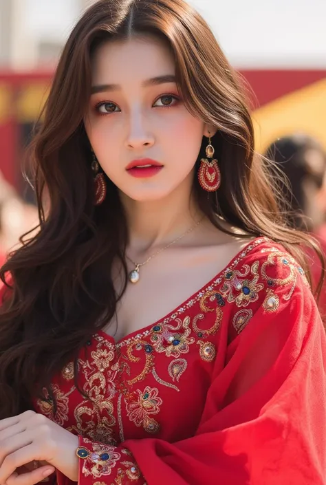  A radiant Korean woman, with luminous skin and dark, captivating eyes, gracefully wears a vibrant, hand-embroidered Punjabi suit.  Intricate gold and crimson embroidery adorns the flowing, silk kurta and the intricately pleated churidar.  A delicate dupat...