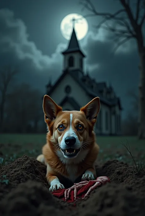 "A dog frantically digs in a dark yard, dirt flying from its paws. In the hole emerges the silhouette of a skeletal hand holding a bloody piece of cloth. In the background is an old, gloomy church, lit only by the full moon, with thick clouds all around. T...