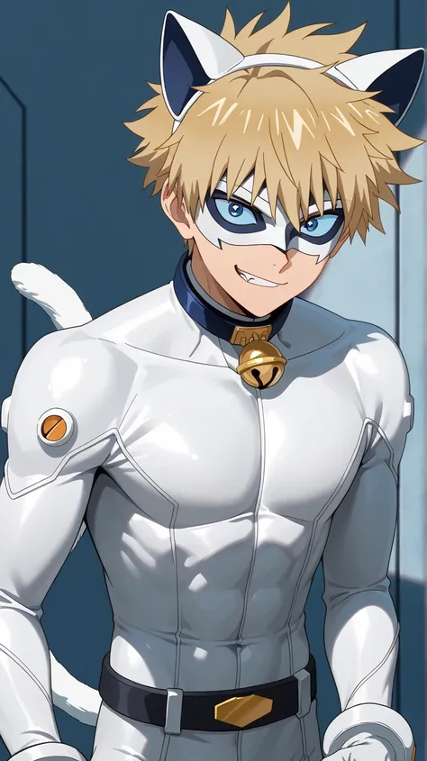 white domino masked men anime, male focus,solo, 1boy,full eye mask, mask,1boy, fair skin,hush_middy, glove,uniform,white body suit,face focus,mysterious grin,fang out, bell, white leather suit, belt tail, blue eyes,blue sclera,broad shoulders, white hero m...