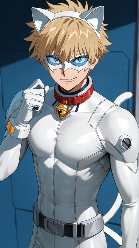 white domino masked men anime, male focus,solo, 1boy,full eye mask, mask,1boy, fair skin,hush_middy, glove,uniform,white body suit,face focus,mysterious grin,fang out, bell, white leather suit, belt tail, blue eyes,blue sclera,broad shoulders, white hero m...