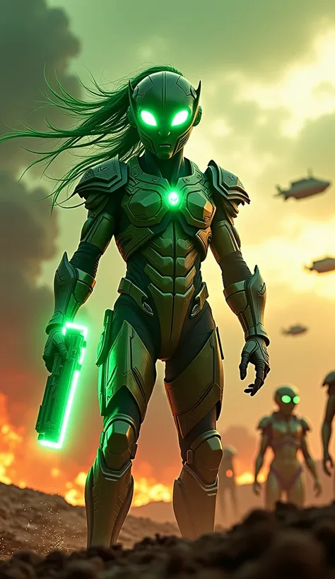 "An alien version of the iconic KGF 2 climax scene, featuring an alien hero inspired by Yash, with glowing green skin, large luminous eyes, and futuristic armor adorned with intricate alien markings. The hero stands powerfully amidst a fiery, post-apocalyp...