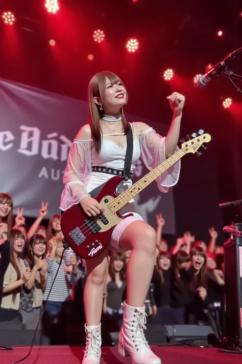 1woman, solo, She is a professional bassist that consisted of 5 Japanese females heavy metal band "Lovebites" .,
(8k, RAW photos, top quality,masterpiece:1.2),( realistic , Photorealistic:1.37), super detailed , super high res, Detailed bass, makeup, gross...