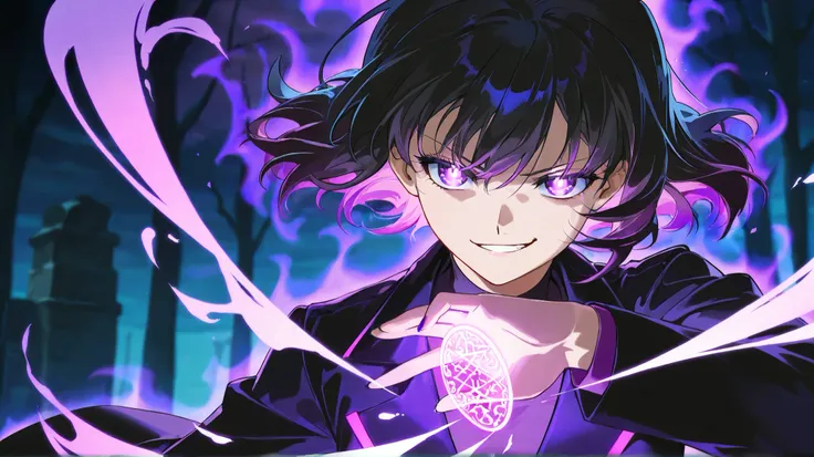 “A young anime-style female character with short black hair and glowing purple eyes. She has a confident smirk and wears a futuristic dark jacket with purple glowing accents. A mysterious purple aura surrounds her, swirling with energy. The background is a...