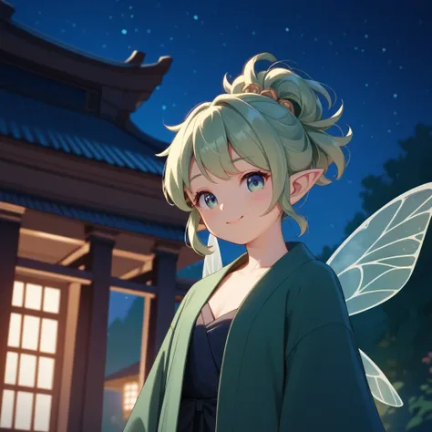  anime style、 cute、night sky, night, temple、score_9, score_8_up , score_7_up , score_6_up , score_5_up , score_4_up , 1 fairy、fairy robe, green robe